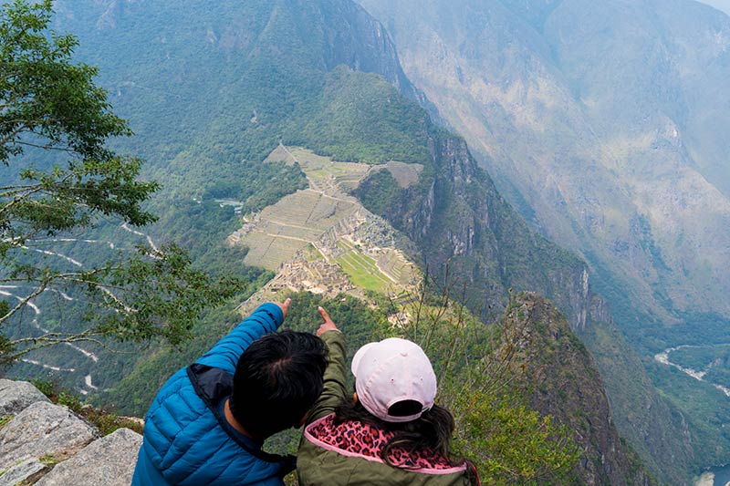 Turistas apreciando a vista da Huayna Picchu